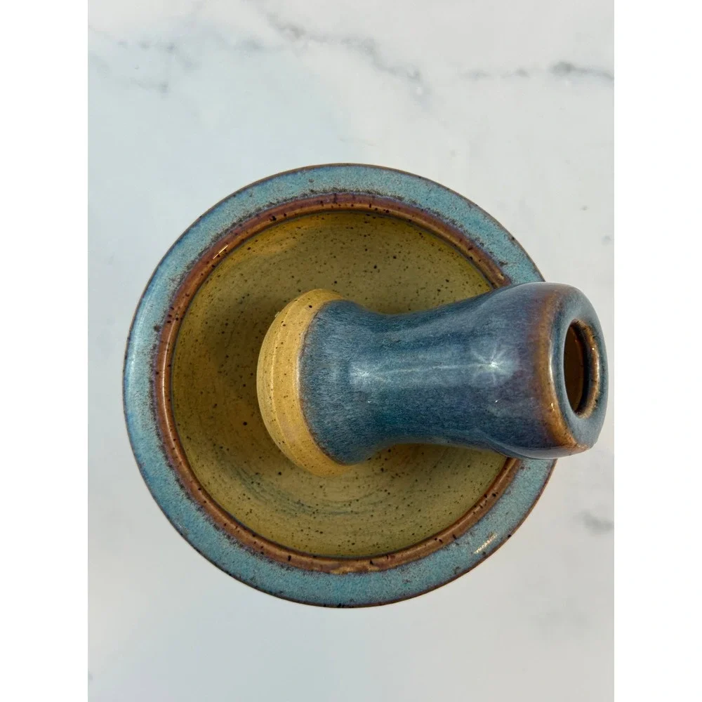 Handmade Ceramic Studio Pottery Blue Drip Glaze Mortar and Pestle